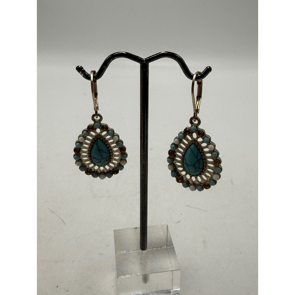 Boho Faux Turquoise Beaded Teardrop Earrings Gold Tone Lever Back Dangle